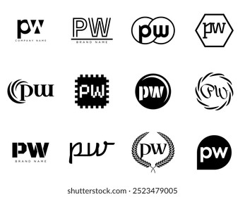 PW logo company template. Letter p and w logotype. Set different classic serif lettering and modern bold text with design elements. Initial font typography. Collection trendy business identity.