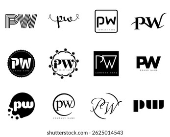 PW logo company template. Letter p and w logotype. Set different classic serif lettering and modern bold text with design elements. Initial font typography. Collection trendy business identity.