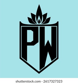 PW Logo featuring a minimalist design with a crown-like flower symbol on top, bold black elements, and a soft blue background, perfect for branding and modern visual identity.
