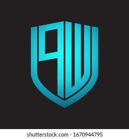 Monograma de logotipo PW con diseño de escudo de emblemas aislado con colores azules sobre fondo negro