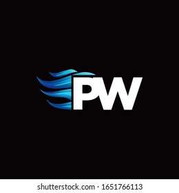 PW monogram logo with blue fire style design template