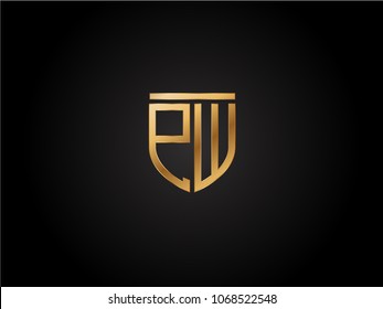PW shield shape Letter Design in gold color