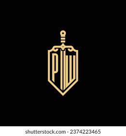 Protector vintage de PW y logotipo inicial de espada en un diseño profesional de alta calidad que se imprimirá en cualquier medio impreso