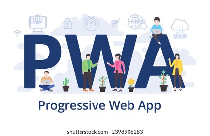 PWA - Progressive Web App concept with big word text acronym and team people in modern flat style vector illustration