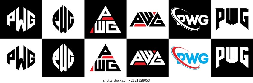 PWG letter logo design in six style. PWG polygon, circle, triangle, hexagon, flat and simple style with black and white color variation letter logo set in one artboard. PWG minimalist and classic logo