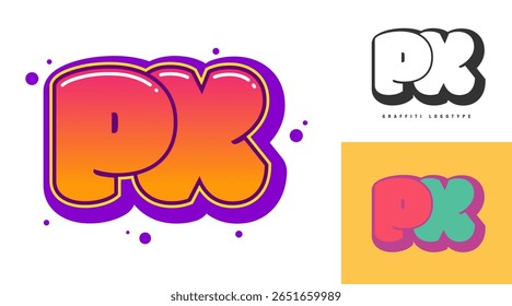 PX logo design for festival or party. Initial letter p and x in graffiti style. Creative modern lettering company name of font typography. Kids trendy logotype or identity. Vector illustration.