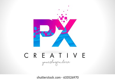 PX P X Letter Logo with Broken Shattered Blue Pink Triangles Texture Design Vector Illustration.