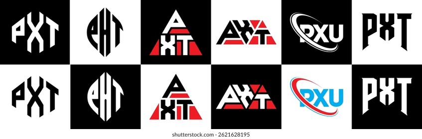 PXT letter logo design in six style. PXT polygon, circle, triangle, hexagon, flat and simple style with black and white color variation letter logo set in one artboard. PXT minimalist and classic logo