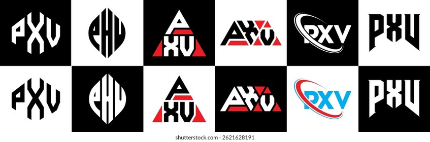 PXV letter logo design in six style. PXV polygon, circle, triangle, hexagon, flat and simple style with black and white color variation letter logo set in one artboard. PXV minimalist and classic logo
