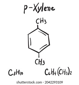 p-Xylene molecule formula. Hand drawn imitation of para-xylene structural model, aromatic hydrocarbon isomer chemistry skeletal formula, sketchy vector symbol