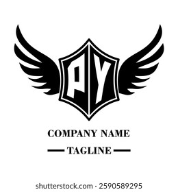 PY bold shield logo with wings, customizable with letters A to Z. Perfect for brands seeking a powerful symbol of strength, freedom, and ambition