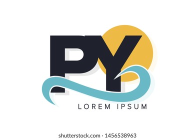 PY letter logo with ocean waves and sunset. Beach concept design