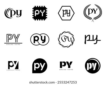 PY logo company template. Letter p and y logotype. Set different classic serif lettering and modern bold text with design elements. Initial font typography. Collection trendy business identity.