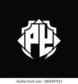 PY logo monogram with shield line and 3 arrows shape design template on black background