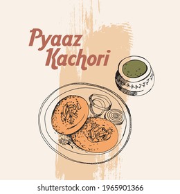 Pyaaz Kachori Vector Illustration. Hand Drawn Indian Food.