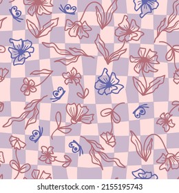 Pychedelic eamless pattern with flowers and butterflies on grid distorted background. Groovy  summer print for fabric, paper, T-shirt. Floral doodle vector illustration for decor and design.
