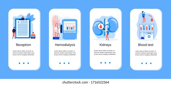 Pyelonephritis, concept of cystitis are shown. Urolithiasis, nephroptosis, renal failure, hemodialysis are shown for medical blue templates of apps. Tiny doctors treat kidneys. 