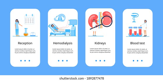 Pyelonephritis, concept of cystitis are shown. Urolithiasis, nephropathy app templates, renal failure, hemodialysis are shown for medical blue templates of apps. Tiny doctors treat kidneys. 