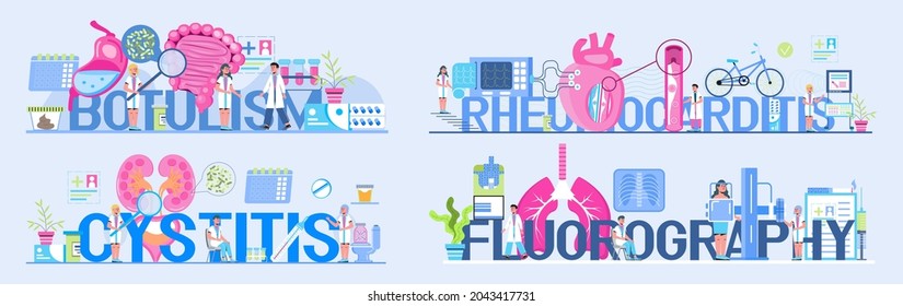 Pyelonephritis and kidney stones diseases. Urarthritis, cystitis and ureteroscopy concept vector for medical website. Pulmonologist, Heart attack, cardiac infarction, cardiogram are shown.