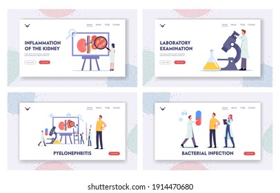 Pyelonephritis Landing Page Template Set. Tiny Doctors Nephrologist Characters Diagnosing and Consult Patient with Kidney Disease, Urine Test, Hospital Diagnostic. Cartoon People Vector Illustration