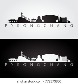 Pyeongchang skyline and landmarks silhouette, black and white design, vector illustration.