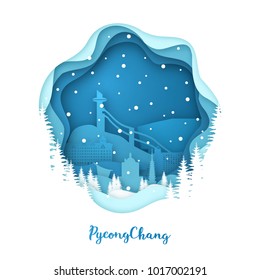 PyeongChang  in the snow. Paper City Style. Vector illustration.
