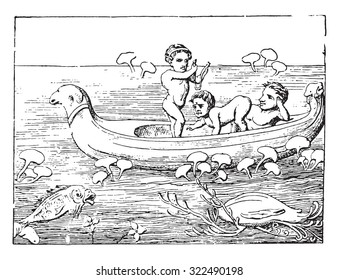 Pygmies driving a boat, vintage engraved illustration.
