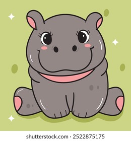 Pygmy hippo baby hippopotamus sit on ground zoo cartoon. Series kawaii animals wildlife jungle drawing.  Perfect makes a wish for background and shirt design.