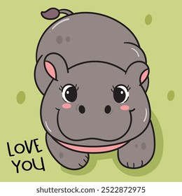 Pygmy hippo baby hippopotamus zoo cartoon with Love you text. Series kawaii animals wildlife jungle drawing.  Perfect makes a wish for background and shirt design.