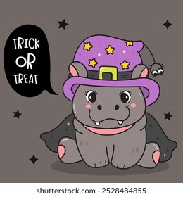 Pygmy hippo baby hippopotamus zoo cartoon Halloween character witch (trick or treat). Series kawaii animals wildlife jungle drawing. Perfect makes a wish for shirt design sticker and background.