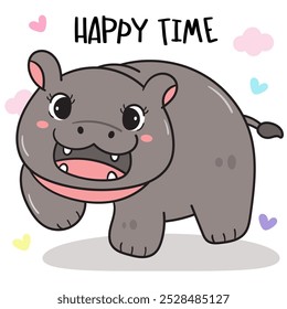 Pygmy hippo baby hippopotamus zoo cartoon playful emotion happy character. Series kawaii animals wildlife jungle drawing. Perfect makes a wish for shirt design sticker and background.