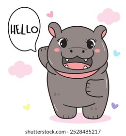 Pygmäen Hippo Baby Nilpferd Zoo Cartoon Gruß Emotion glücklichen Charakter. Serie Kawaii Tiere Wildtiere Dschungel Zeichnung. Perfekt macht einen Wunsch für Hemd Design Aufkleber und Hintergrund.