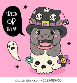 Hipopótamo pigmeu bebê hipopótamo zoológico personagem de Halloween com crânio (truque ou trato). Série de animais kawaii animais selvagem selva desenho. Perfeito faz um desejo para o adesivo de design de camisa e fundo.