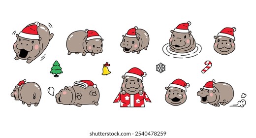 pygmy hippo icon christmas santa claus Baby Hippo snowflake candy cane gift box vector hippopotamuses zoo pet animal cartoon character logo symbol illustration clip art isolated design