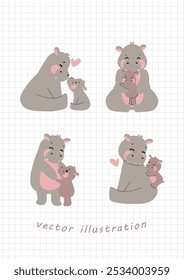 Pygmy hippo mama and baby in heartwarming scenes of affection and care. Ideal for use in wildlife conservation designs, baby products, or animal-themed illustrations