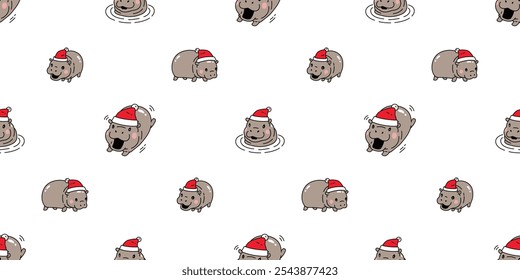 pygmy hippo seamless pattern christmas santa claus hat Baby Hippo vector hippopotamuses running swimming zoo pet animal cartoon character doodle tile background gift wrapping paper repeat wallpaper sc