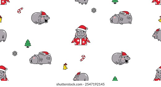 pygmy hippo seamless pattern christmas santa claus hat gift box Baby Hippo vector hippopotamuses running sleeping zoo pet animal cartoon character doodle tile background gift wrapping paper repeat wal