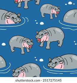 Pygmy hippopotamus seamless pattern background vector design. Cute hippos swimming 