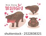 Pygmy Hippopotamus in Thailand, cute and famous hippo name Moo Deng illustrate with Thai alphabet text in her name, flat vector illustration and design with bright color vibes.