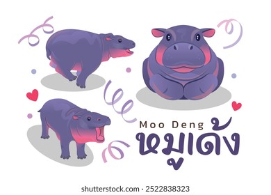 Pygmäen-Hippopotamus in Thailand, süße und berühmte Nilpferde Moo Deng illustrieren mit thailändischem Alphabettext in ihrem Namen, flache Vektorgrafik und Design mit hellen Farbstimmungen.