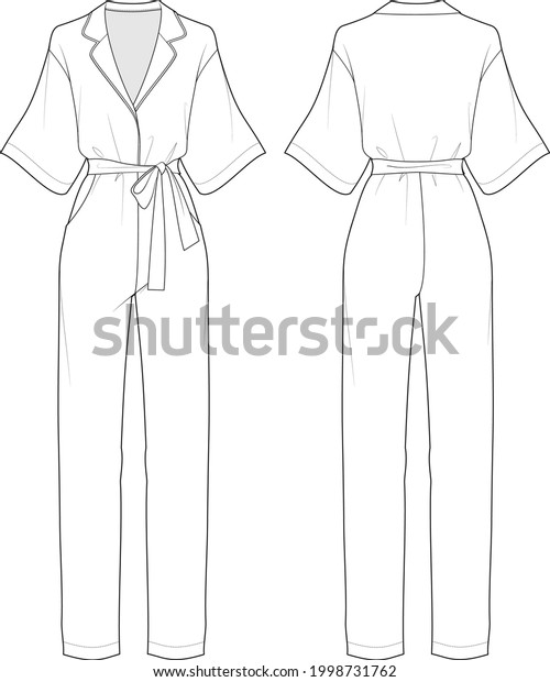 Pyjama Jumpsuit  Boiler
suit. Drop-Shoulder, Kimono Sleeve and Self Belt Jumpsuit.
technical fashion illustration. Flat apparel jumpsuit template
front and back. mockup.