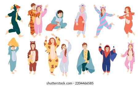 Iconos planos del partido Pajama ambientados con niños felices en la ilustración vectorial aislada de kigurumi