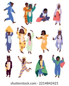 Pyjama party flat icons set with kids in kigurumi and sleeping jumpjuits isolated vector illustration