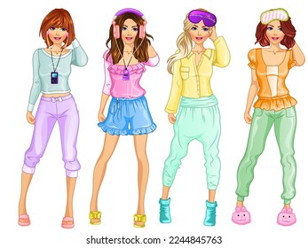 Pyjama Party Theme Set of Cute Girly Cartoon Characters. Vector Illustration