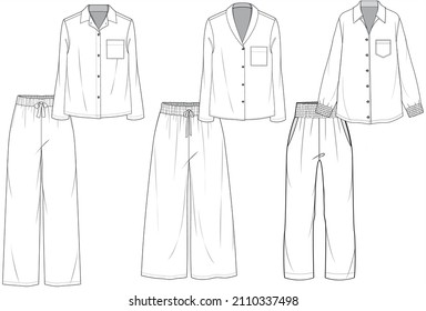 Pyjama Suit, Nightwear Suit, Sleepwear Suit Mens, Women, Unisex Fashion Illustration, Vector, CAD, Technical Drawing, Flat Drawing.	