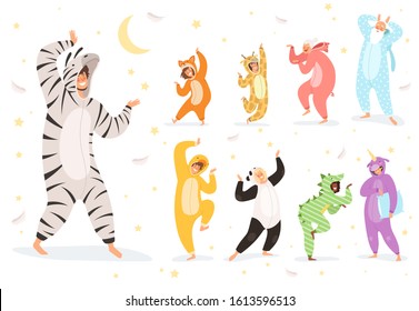 Pyjamas characters. Happy kids and parent playing in night textile costumes vector