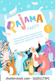 Pyjamas Party. Poster Invitation For Costume Nightwear Clothes Pyjamas Celebration Kids And Parents Vector Placard