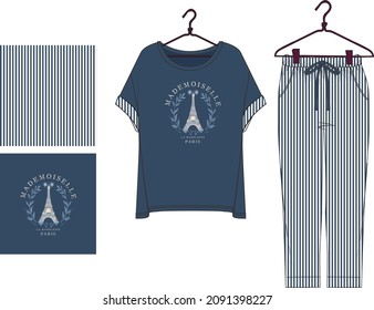 Pyjamas. Set of women's homewear. Fashion sketch. Top and  pants. Vector illustration. Flat technical drawing. Mockup template.