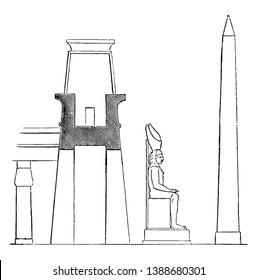 Pylon en el Palacio de Luxor, Perfil con una estatua colosal y Obelisk, complejo ubicado, orilla este del río, Batalla de Cades, Amun, Chones, arquitectura egipcia, dibujo de línea vintage egipcio