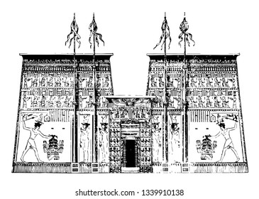 Pylon of the Temple of Edfu architecture Egypt facade stone vintage line drawing or engraving illustration.